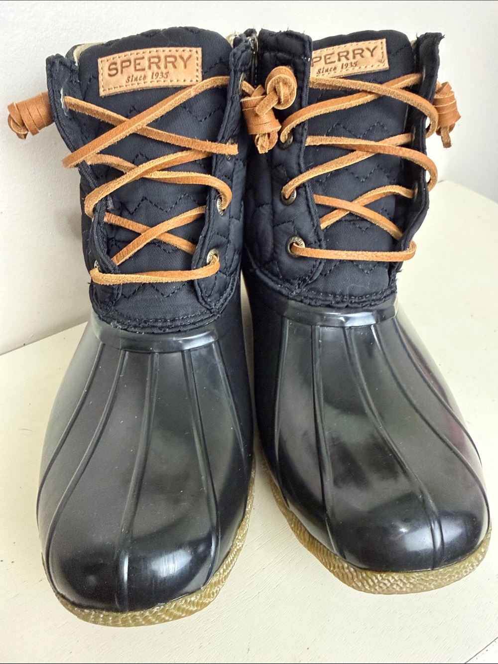 Sperry Black Quilted Duck Boots with Tan Laces